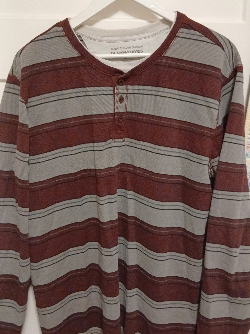 Denver Hayes Striped Long-Sleeve Henley in Burgundy and Gray